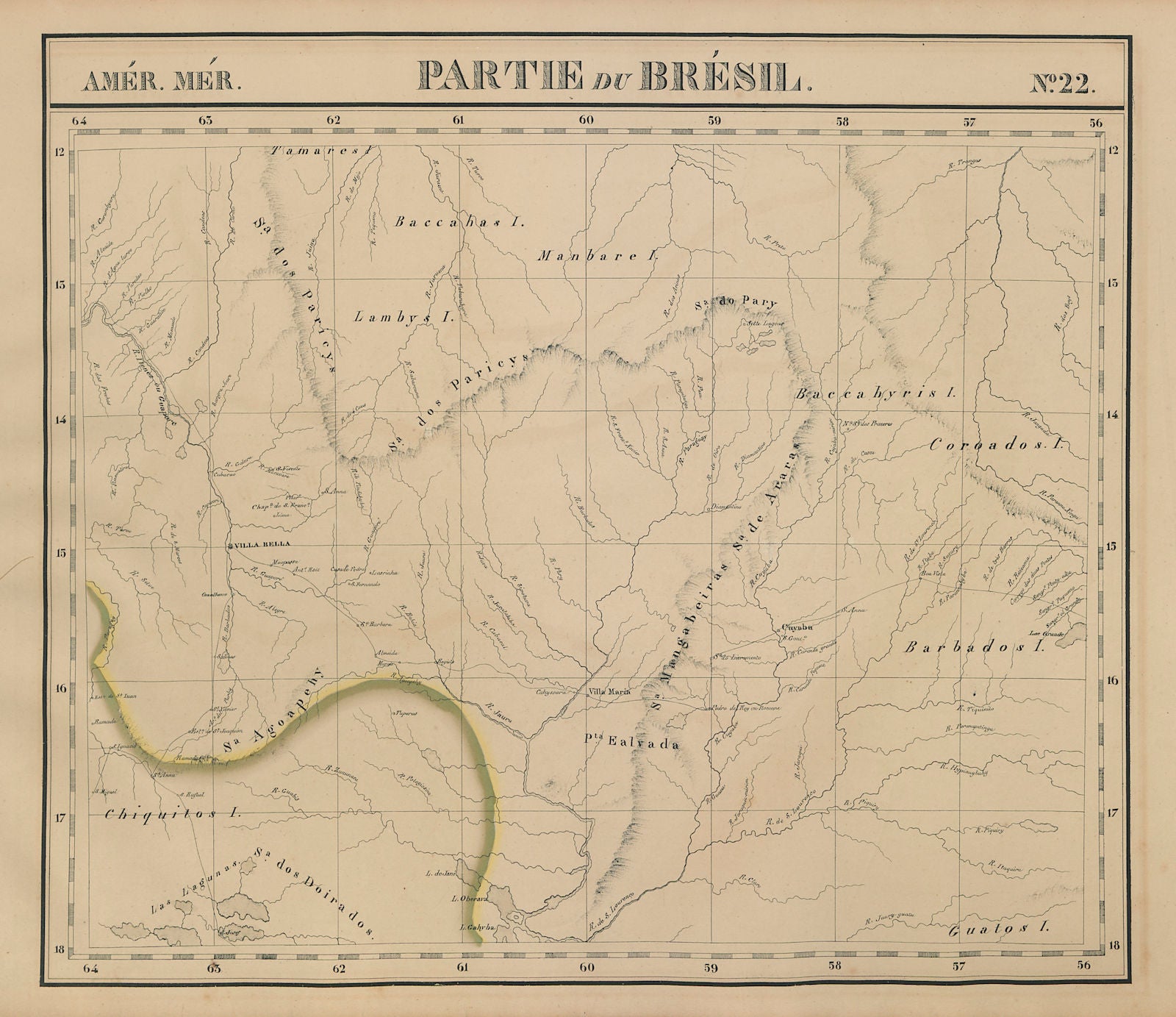 Amér. Mér. Brésil #22. Eastern Bolivia & SW Brazil. RO MT. VANDERMAELEN 1827 map